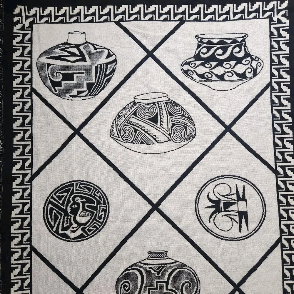 Vintage Southwest Native Aztec Pottery Pots Blanket Tapestry 74” X 50”